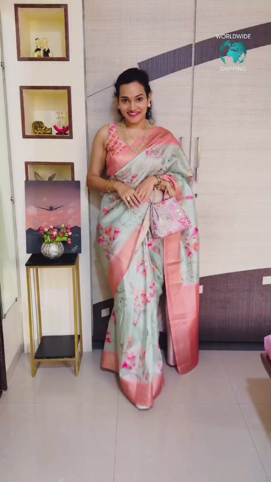 Green Printed Soft Silk Readymade/Easy Saree