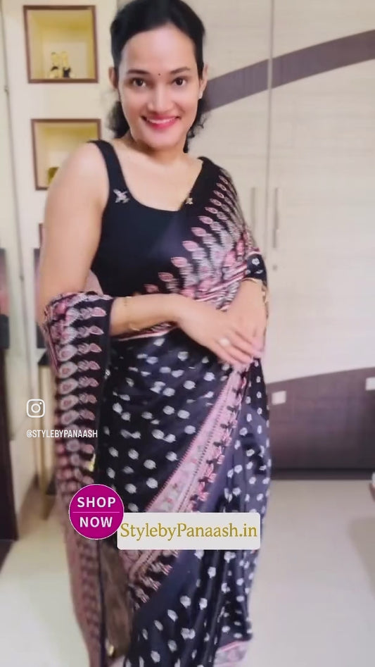 Black Readymade Crepe Silk Saree