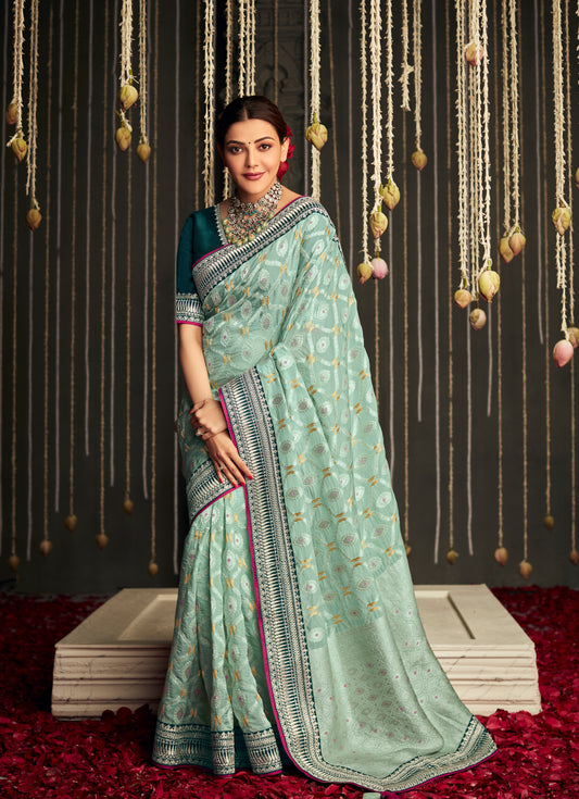 Green Saree With Embroidery Border - Panaash Saree