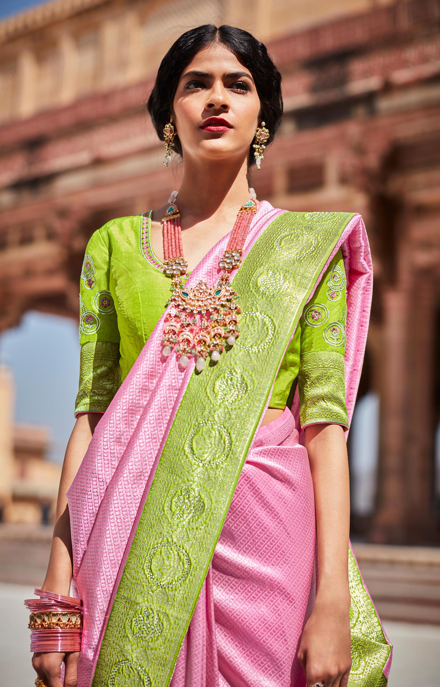 Hot Pink Color Soft Patola Silk Saree With Green Blouse