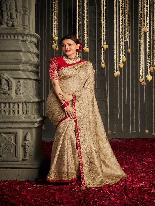 Golden & Red Designer Silk Saree - Panaash Saree