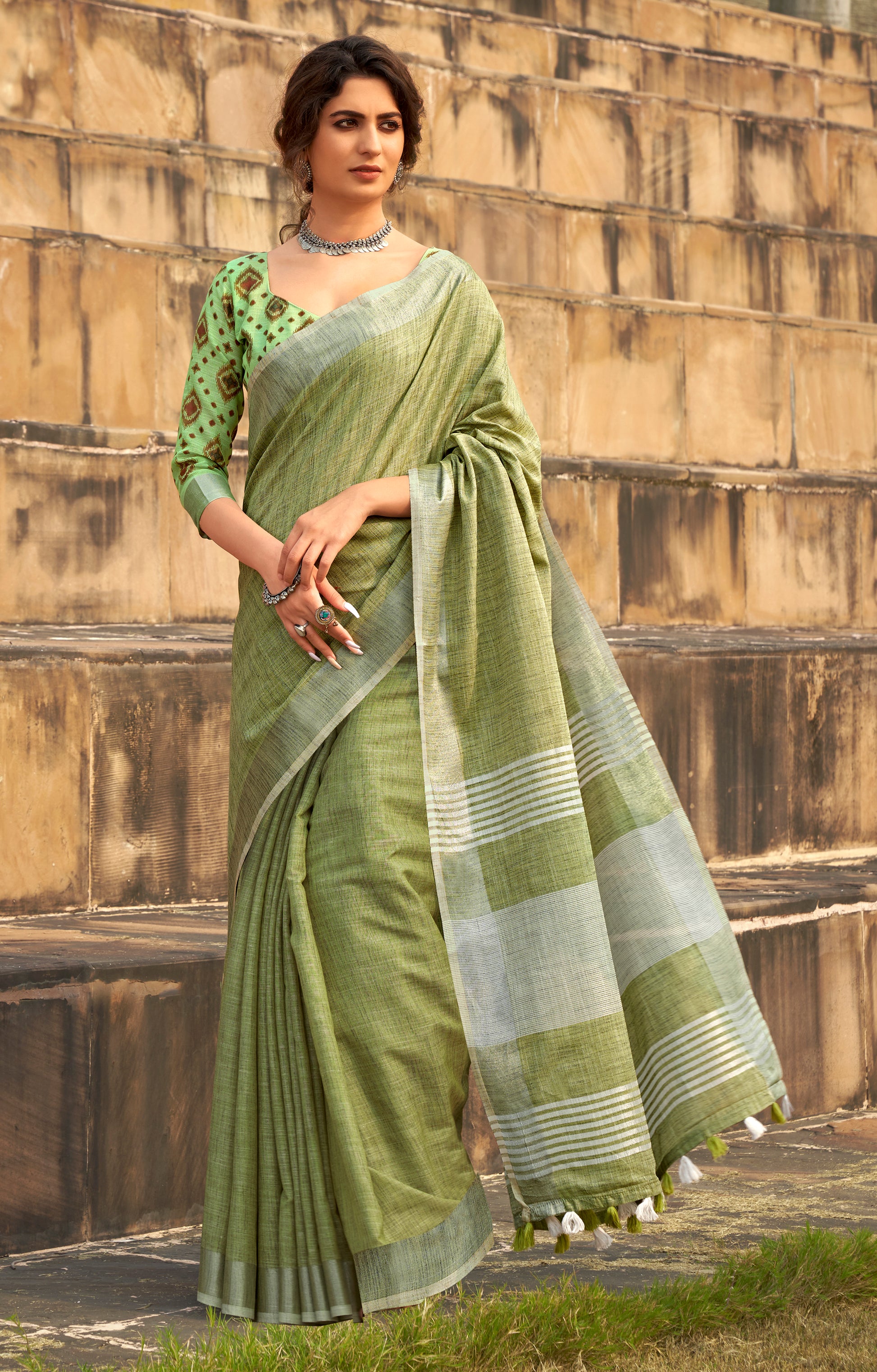 Lime Green Linen Silk Saree With Fancy Blouse. - Panaash Saree