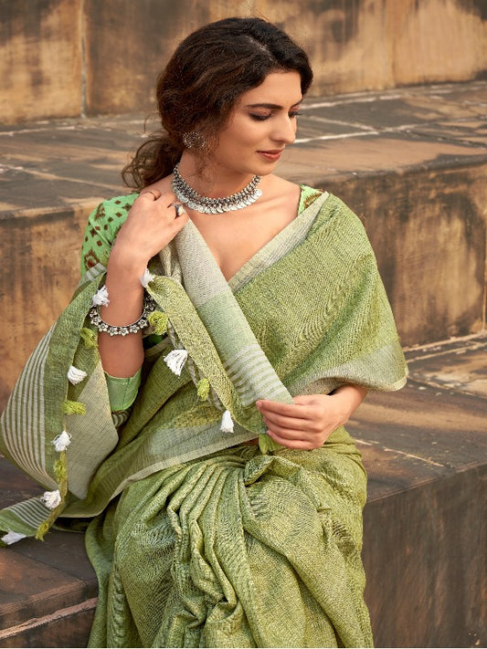 Lime Green Linen Silk Saree With Fancy Blouse. - Panaash Saree