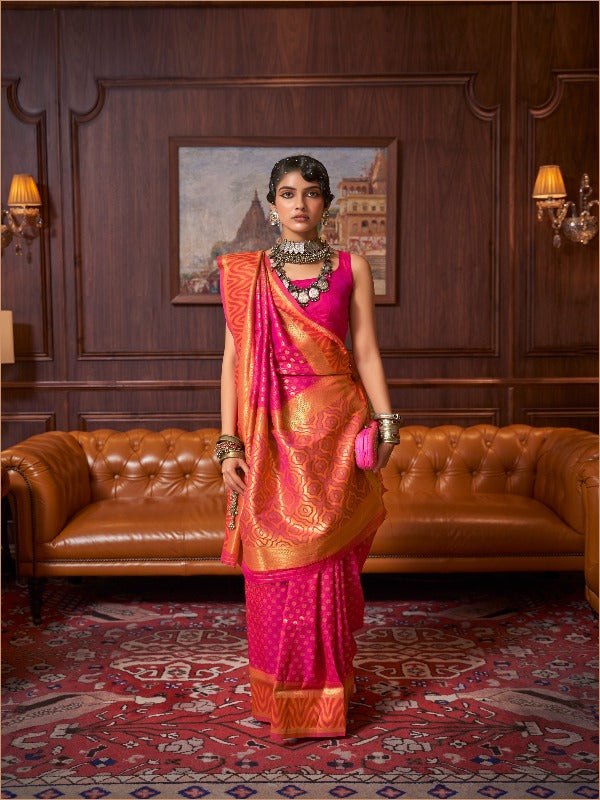 Bright Pink Soft Banarasi Silk Saree