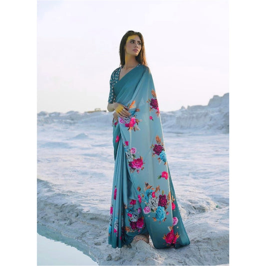 Beautiful floral azure saree - Panaash Saree