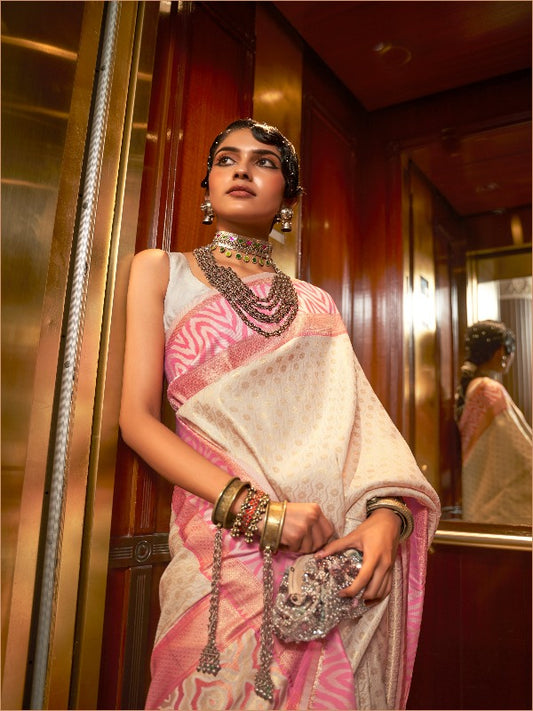 Off White & Pink Combination Fancy Soft Banarasi Saree - Panaash Saree