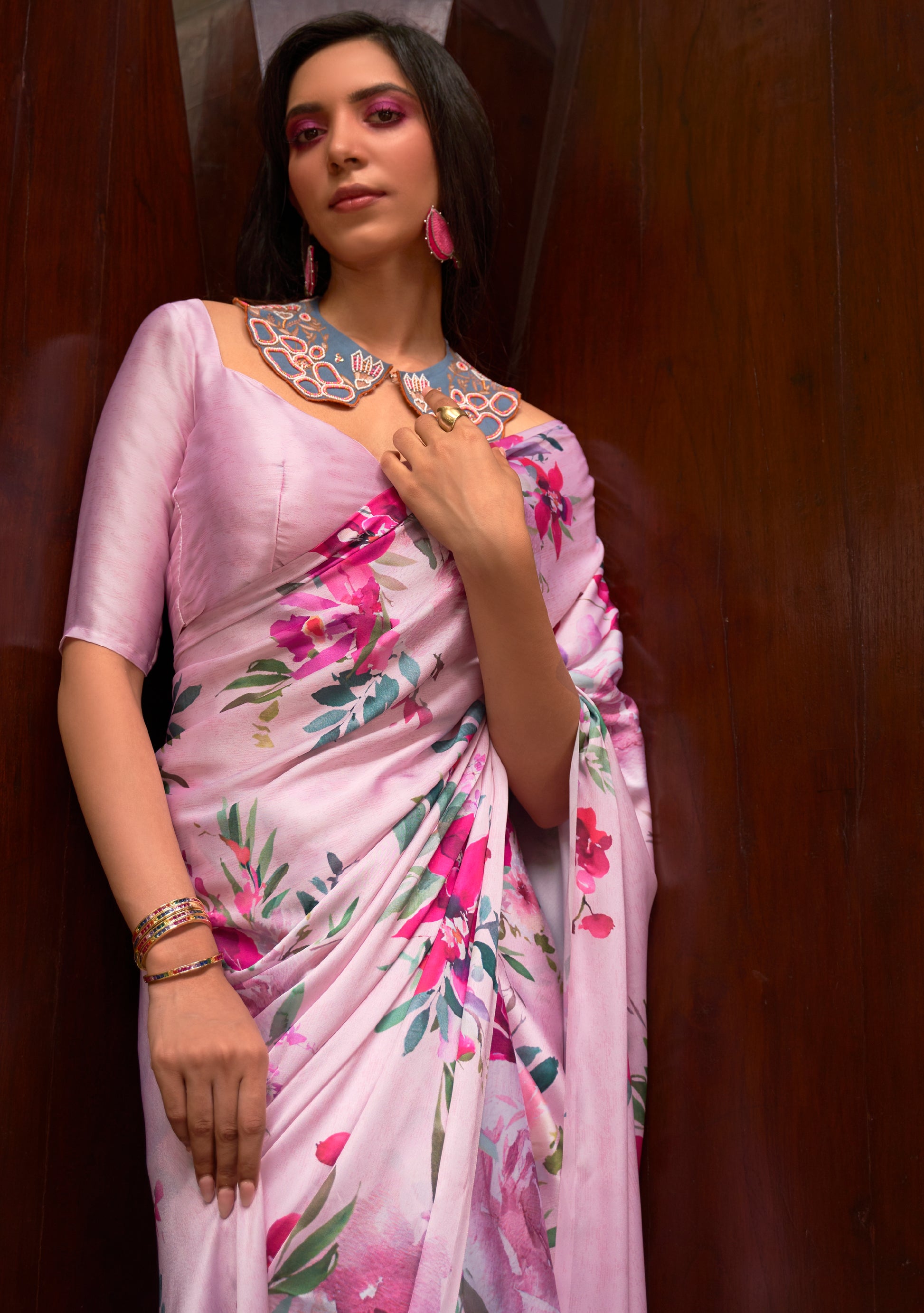 Pink Floral Satin Saree - Panaash Saree