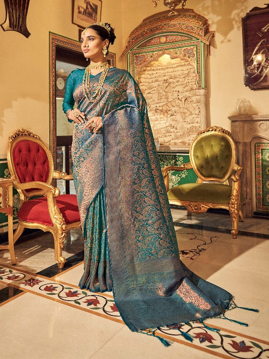 Turquoise Brocade Banarasi Silk Saree - Panaash Saree