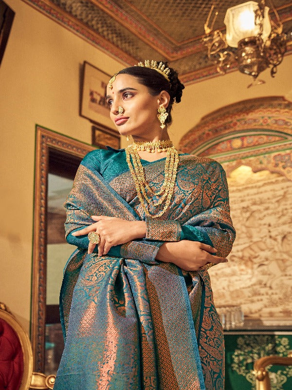 Turquoise Satin Silk Printed Saree – Punit Balana