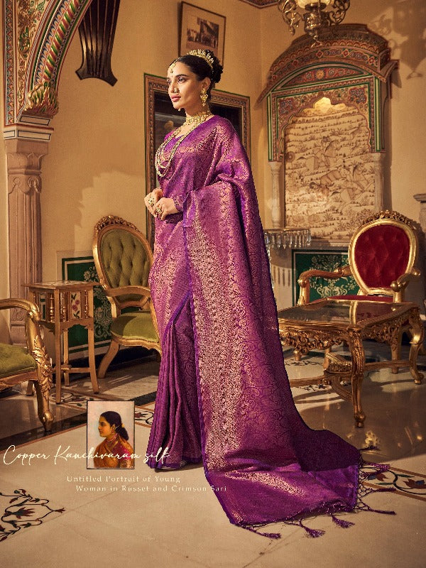 Purple Brocade Banarasi Soft Silk Saree With Copper Zari - Panaash Saree