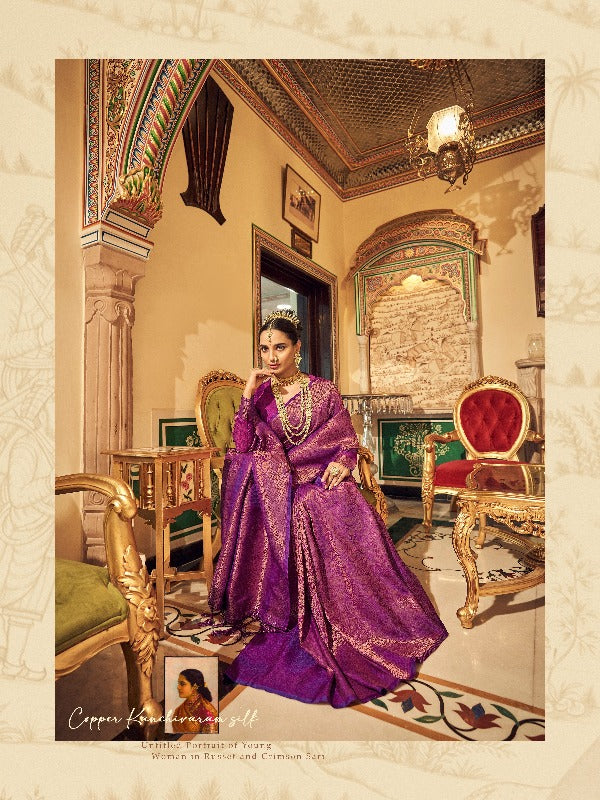 Purple Brocade Banarasi Soft Silk Saree With Copper Zari - Panaash Saree