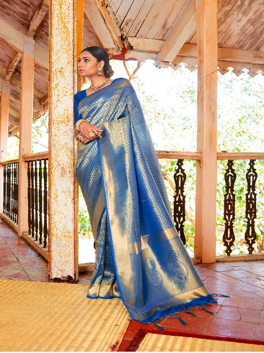 Fabulous Blue Brocade Banarasi Silk Saree. - Panaash Saree