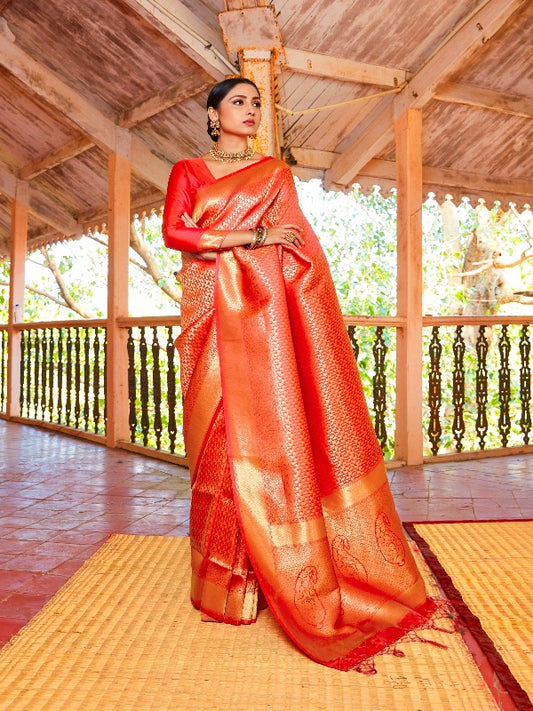 Red Brocade Fancy Silk Saree. - Panaash Saree