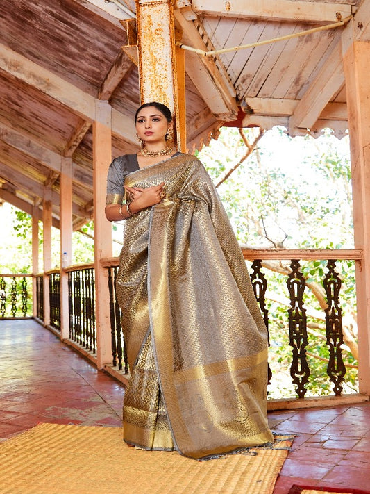 Classy Grey Brocade Banarasi Silk Saree. - Panaash Saree