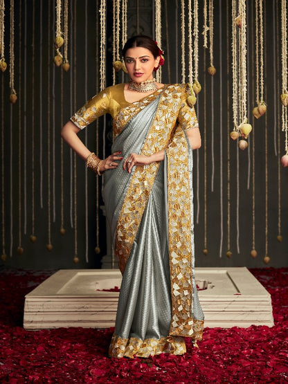 Grey & Golden Combination Soft Silk Saree With Embroidery Border - Panaash Saree
