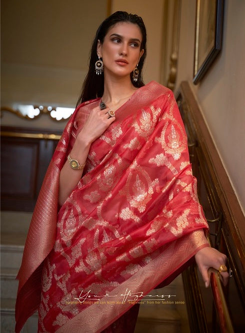 Buy Deep Red Pearl Embroidered Organza Saree Online | Samyakk