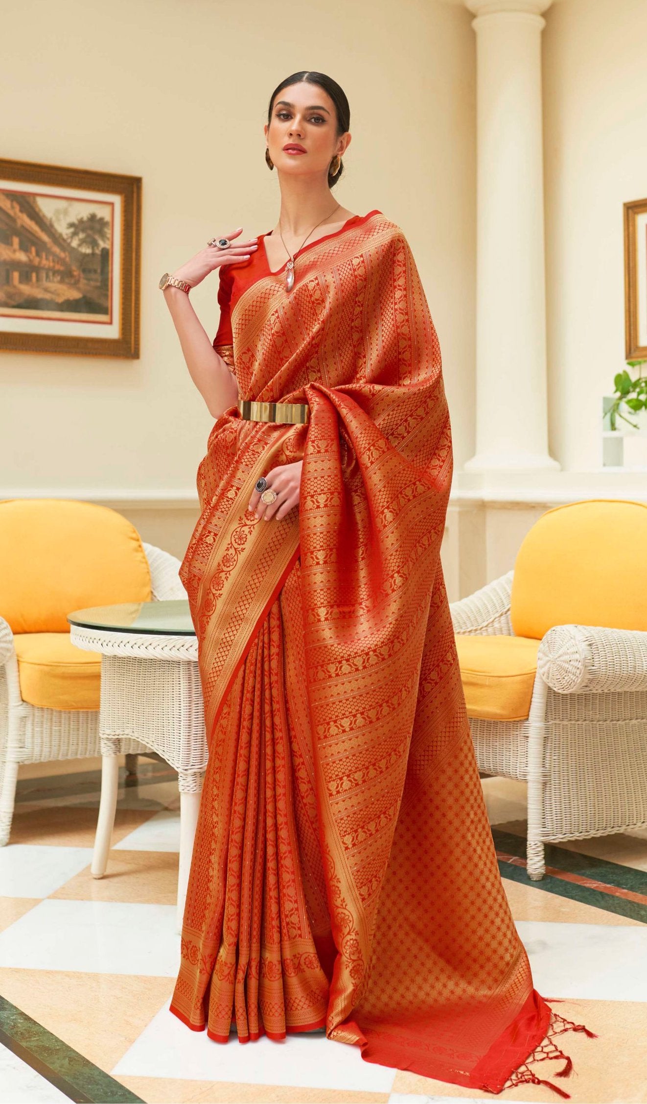 Orange Banarasi saree a perfect Diwali gift for your special one