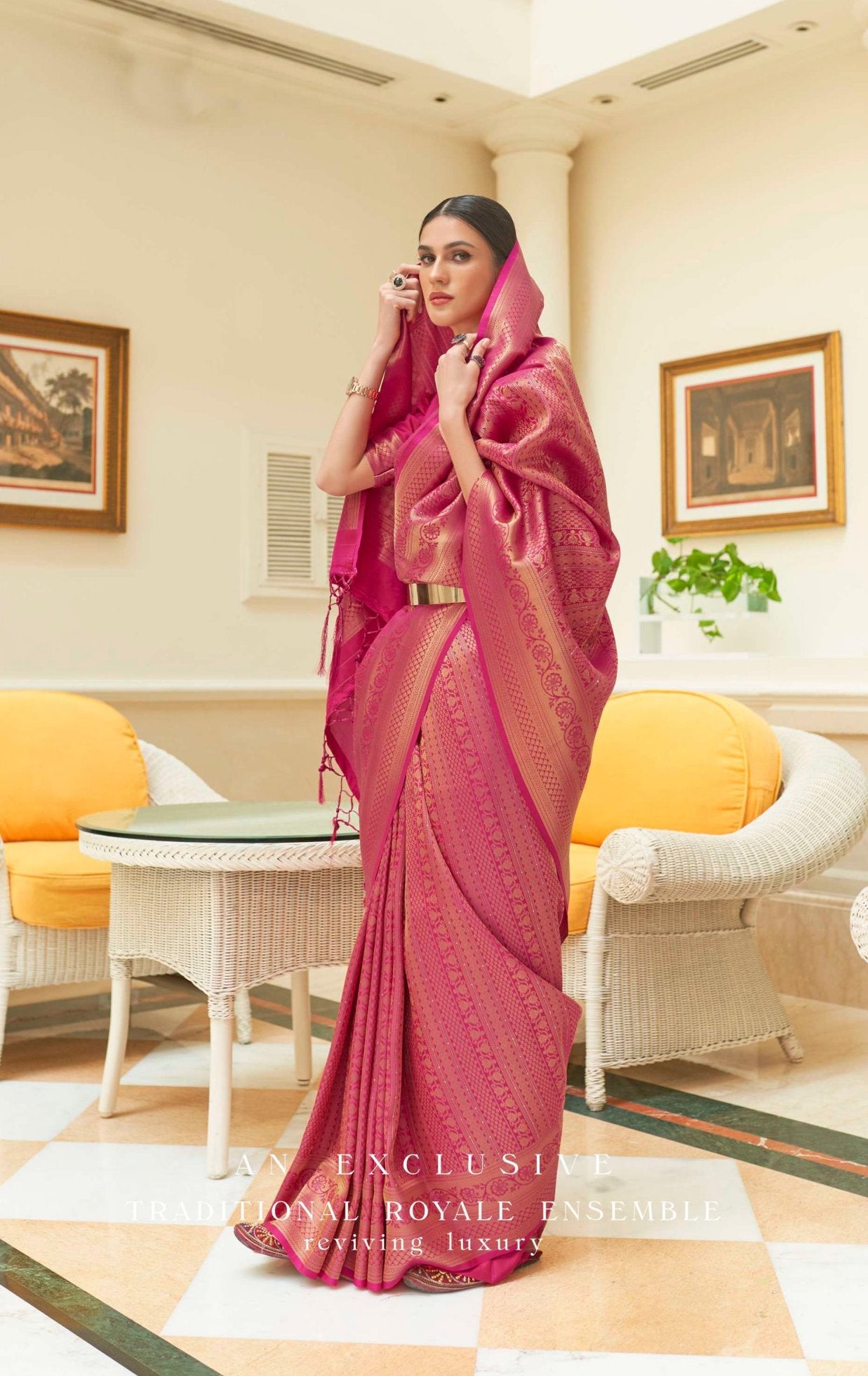 Bright Pink Banarasi Saree With Sequence Work