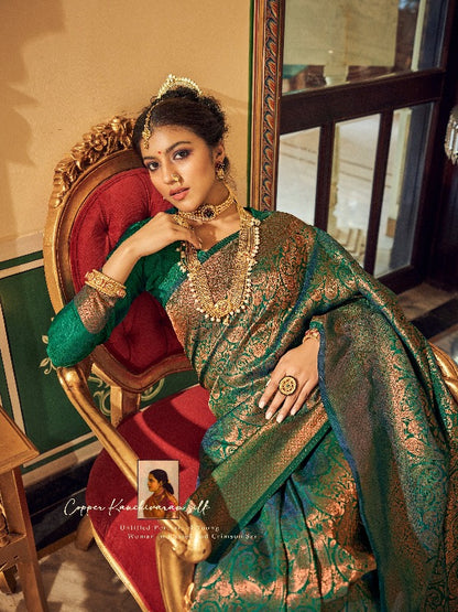 Green Banarasi Brocade Silk Saree With Copper Zari - Panaash Saree