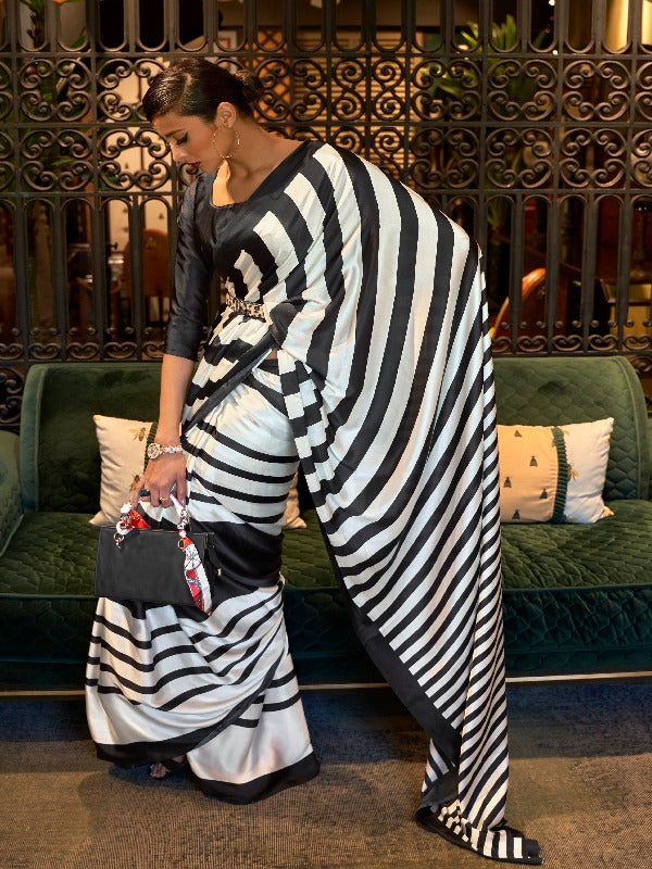 Beautiful Black & White Stripes Crepe Silk Saree - Panaash Saree
