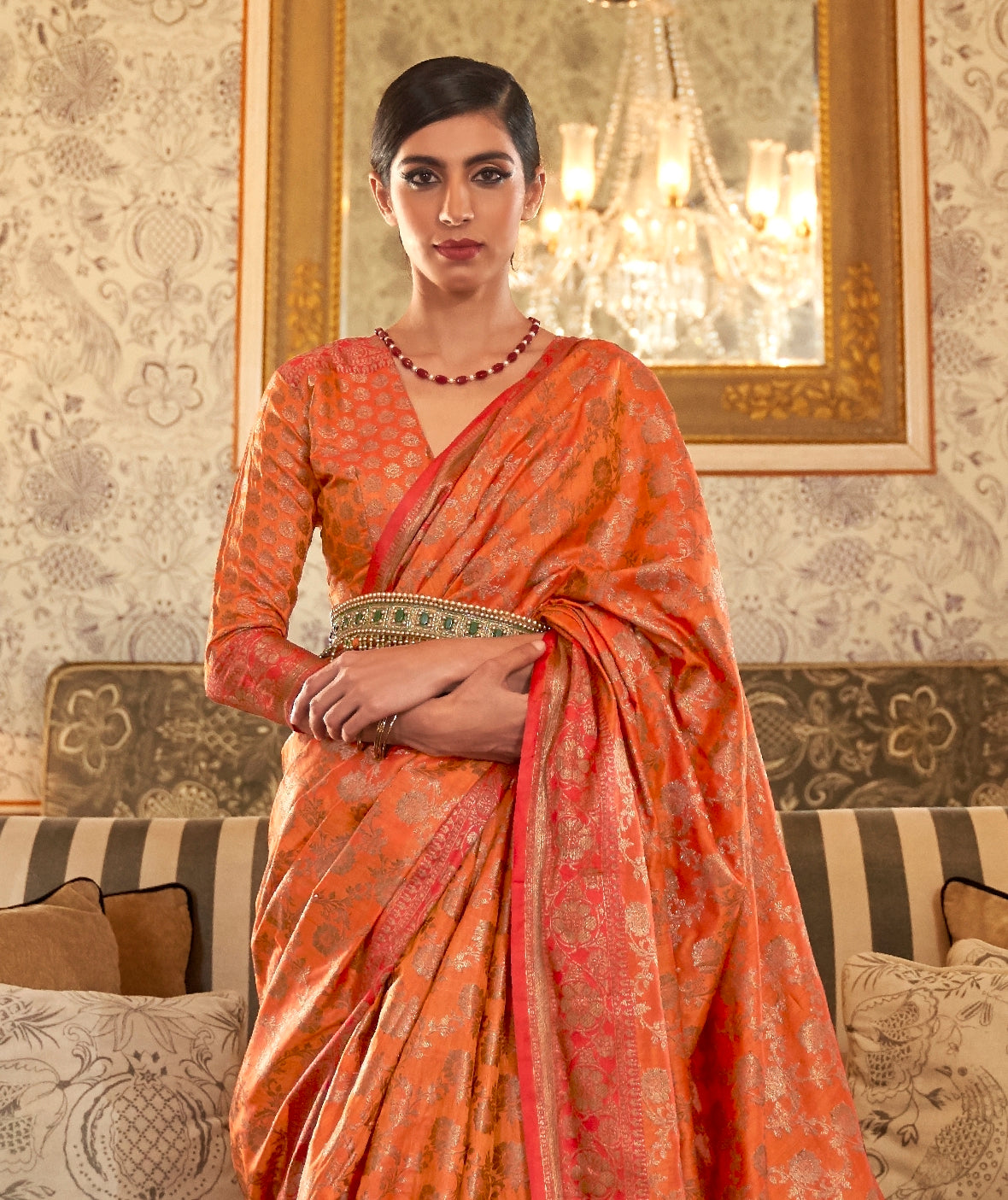 Orange Raw Silk Ready To Wear Saree - Panaash Saree
