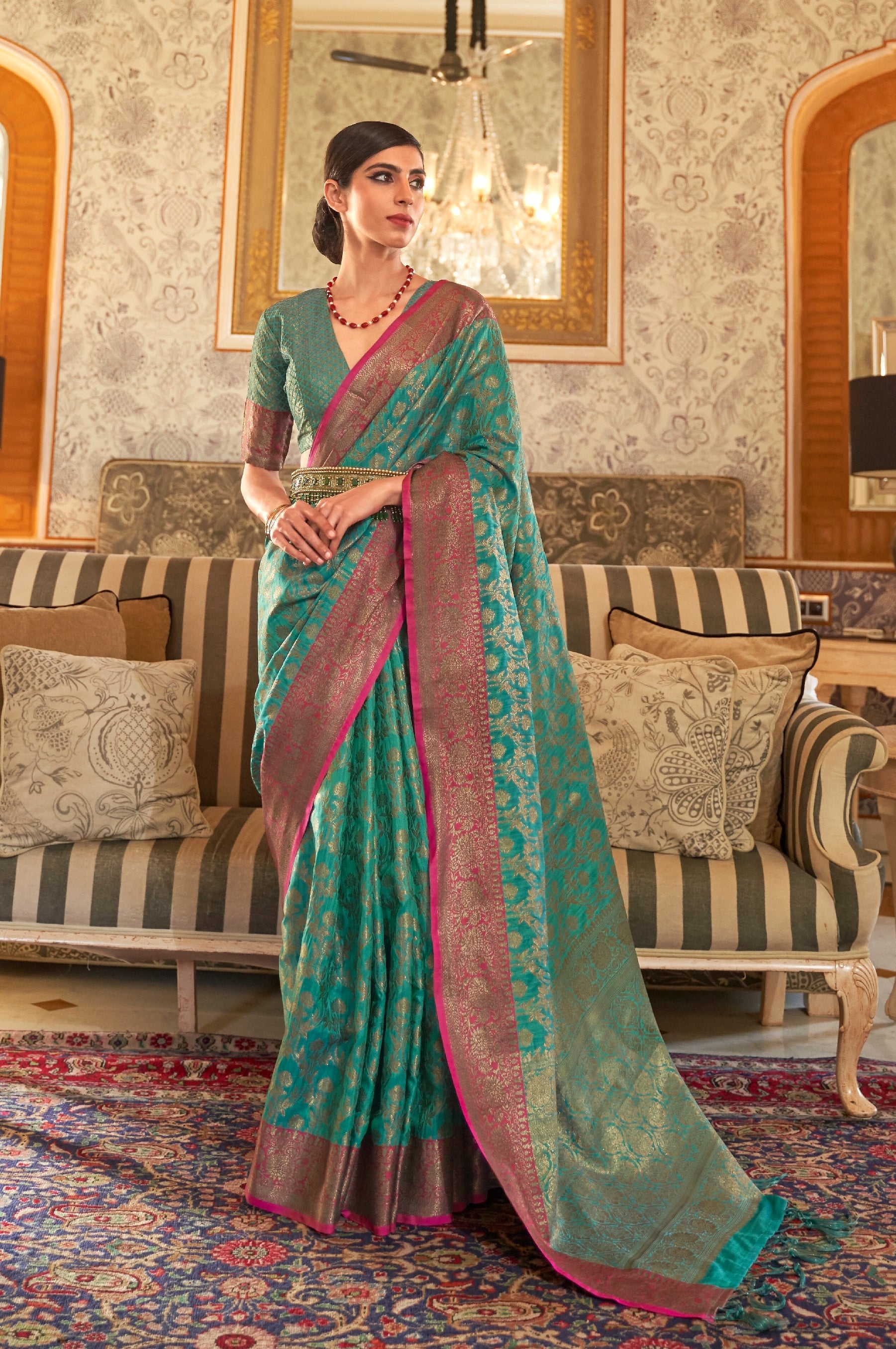 Woven Cotton Silk Saree in Teal Green | Traditional sarees, Pure silk sarees,  Party wear sarees