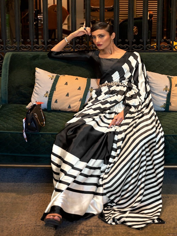 Beautiful Black & White Stripes Crepe Silk Saree - Panaash Saree