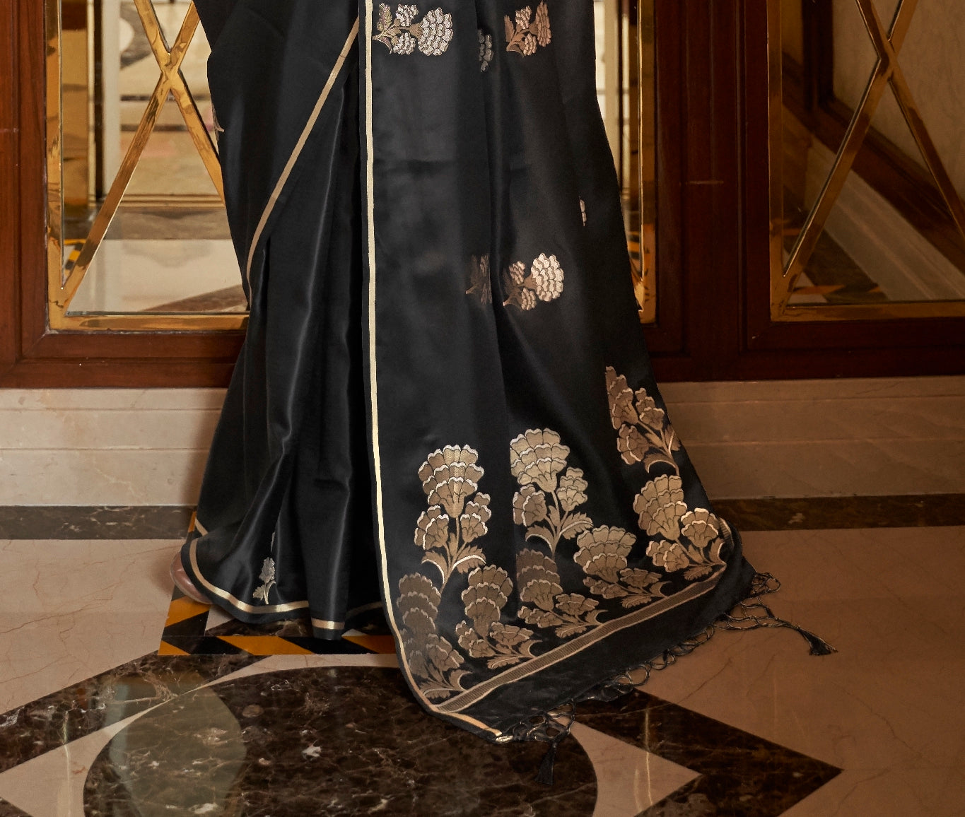 Black Satin Silk Saree With Zari Woven Motifs - Panaash Saree