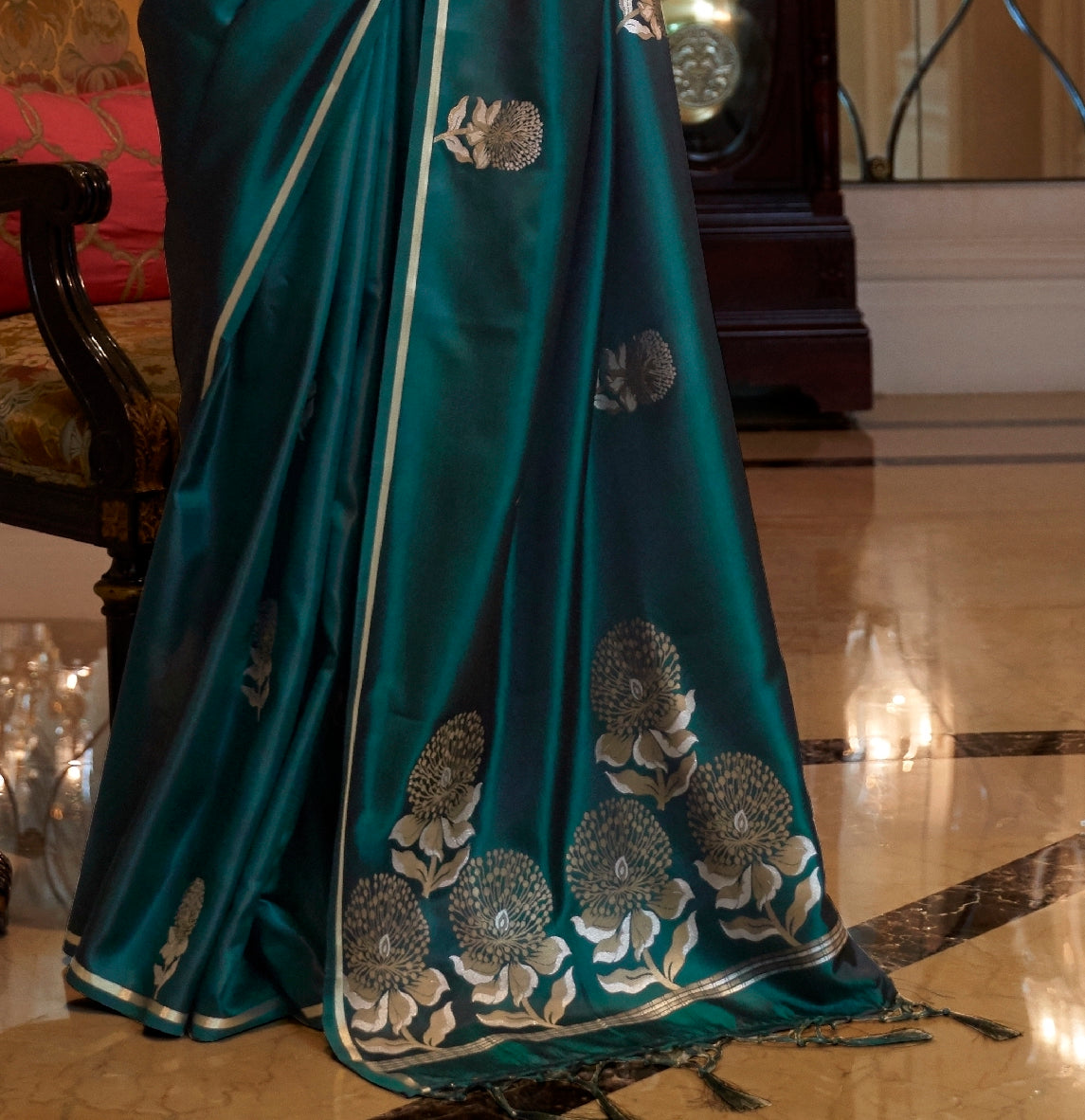 Bottle Green Satin Silk Saree With Zari Woven Motifs - Panaash Saree