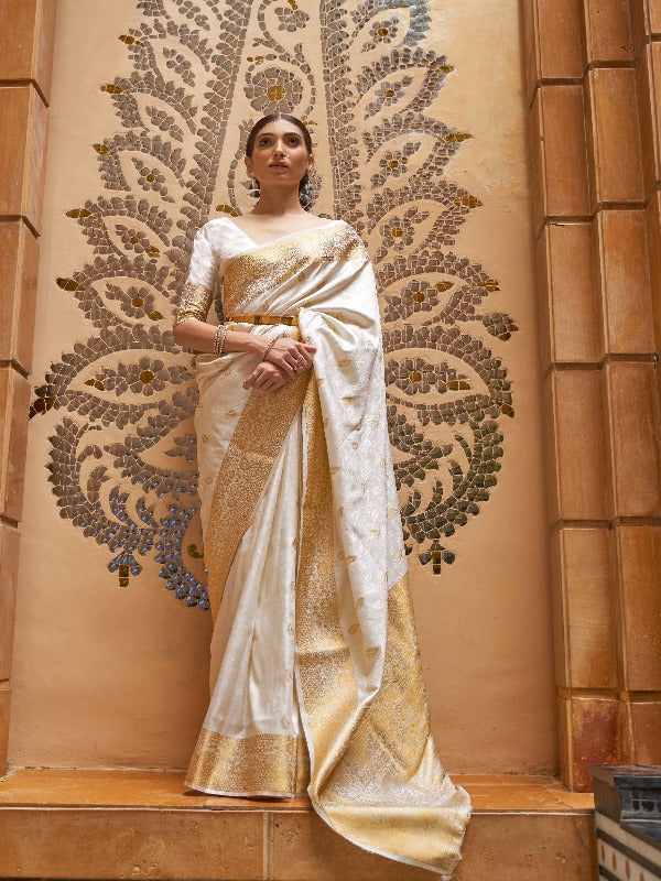 Off white Soft Kanjivaram Silk Saree. - Panaash Saree