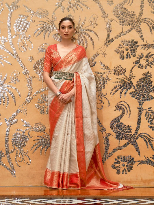 Fabulous White & Red Soft Kanjivaram Silk Saree. - Panaash Saree