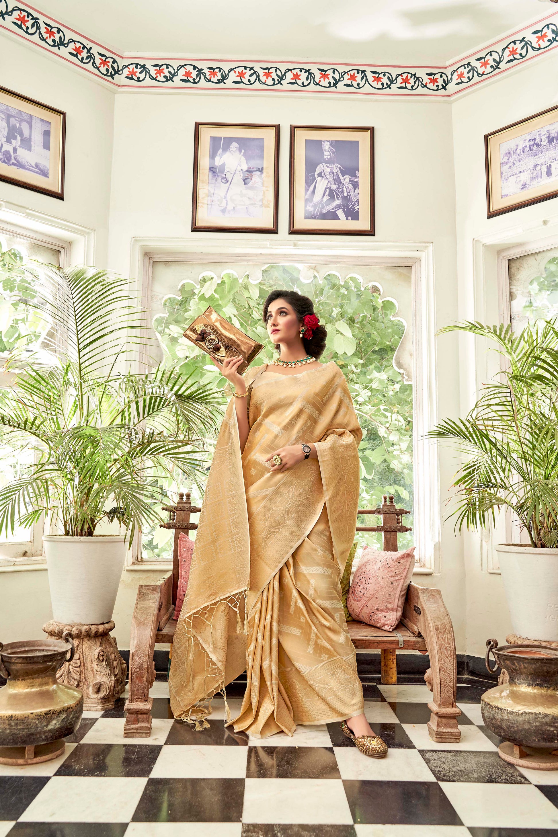 Golden Kanjivaram Soft Brocade Saree. - Panaash Saree