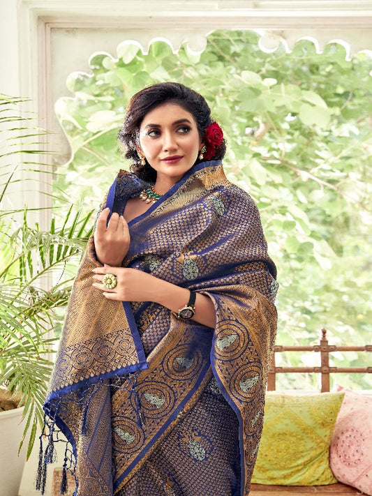 Fabulous Blue Soft Brocade Kanjivaram Silk Saree. - Panaash Saree