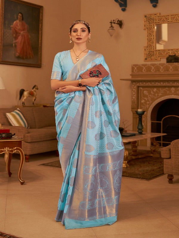 Amazing Sky Blue Soft Banarasi Silk Saree - Panaash Saree