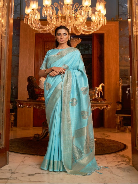 Beautiful Sky Blue Fancy Silk Saree With Sequence Work. - Panaash Saree