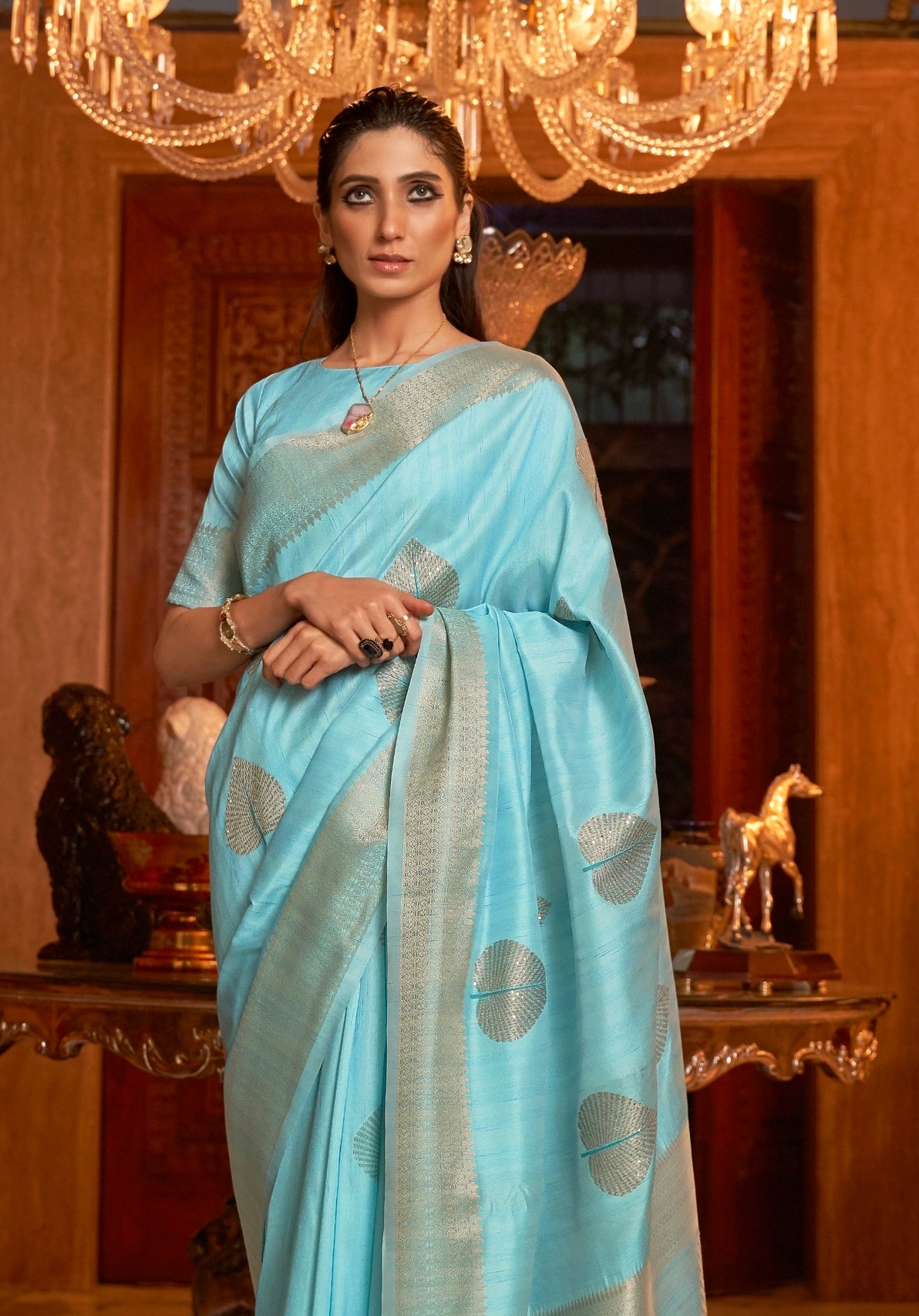 Beautiful Sky Blue Fancy Silk Saree With Sequence Work. - Panaash Saree