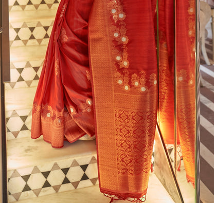Red Dupion Silk Copper Zari Banarasi Silk Saree - Panaash Saree