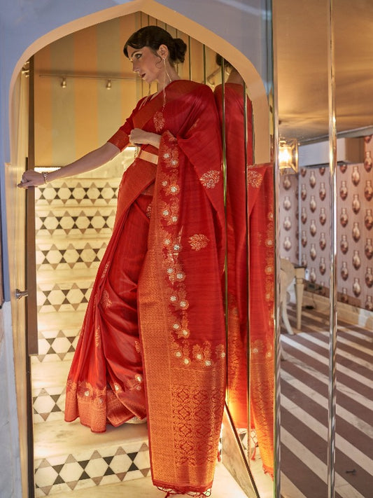 Red Dupion Silk Copper Zari Banarasi Silk Saree - Panaash Saree