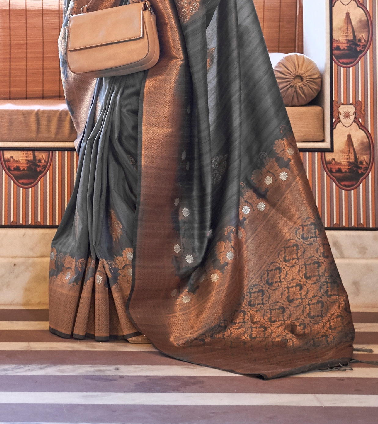 Grey Color Dupion Copper Zari Banarasi Silk Saree - Panaash Saree