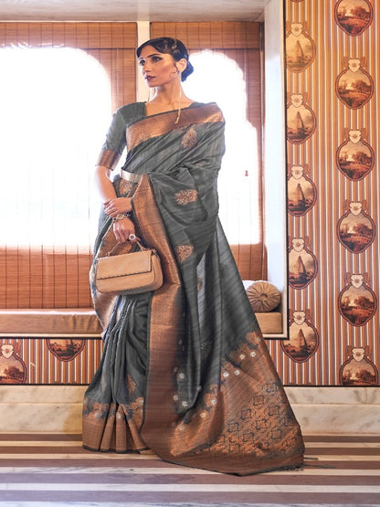 Grey Color Dupion Copper Zari Banarasi Silk Saree - Panaash Saree