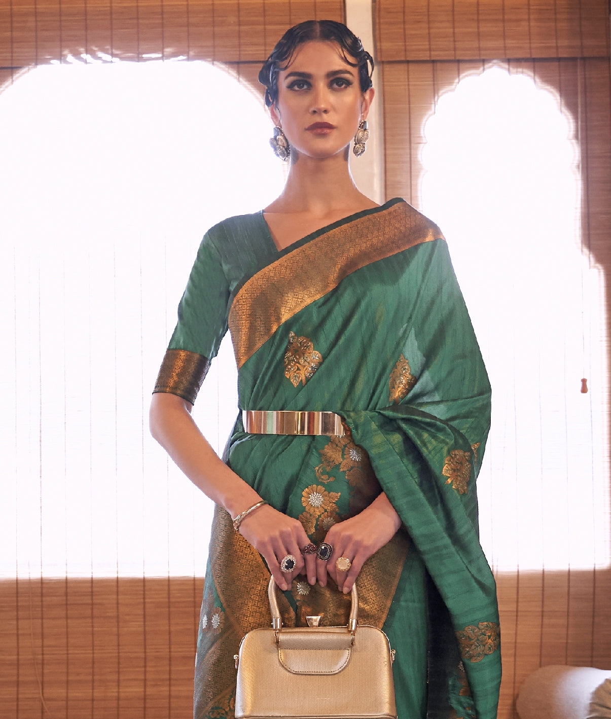 Bottle Green Woven Exclusive Designer Banarasi Silk Saree With Embroid –  zarikaariindia.com