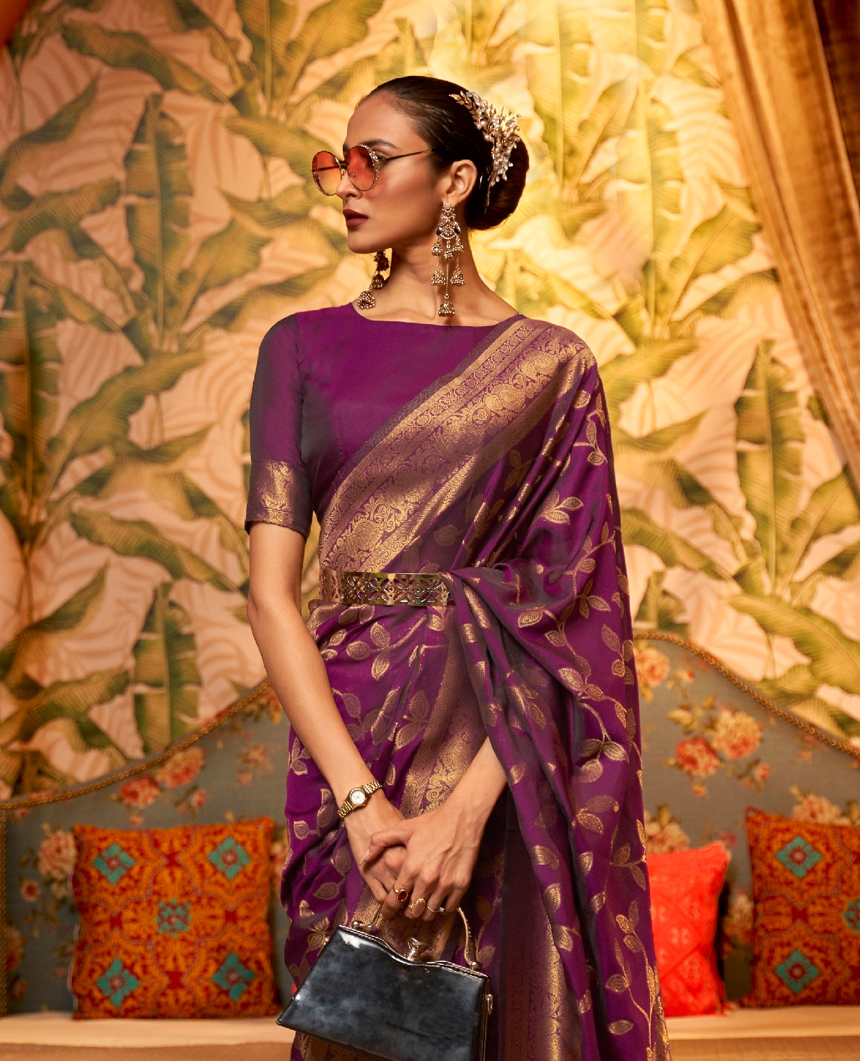 Buy Akhilam Women's Organza Purple Woven Design Designer Saree with  Unstitched Blouse online