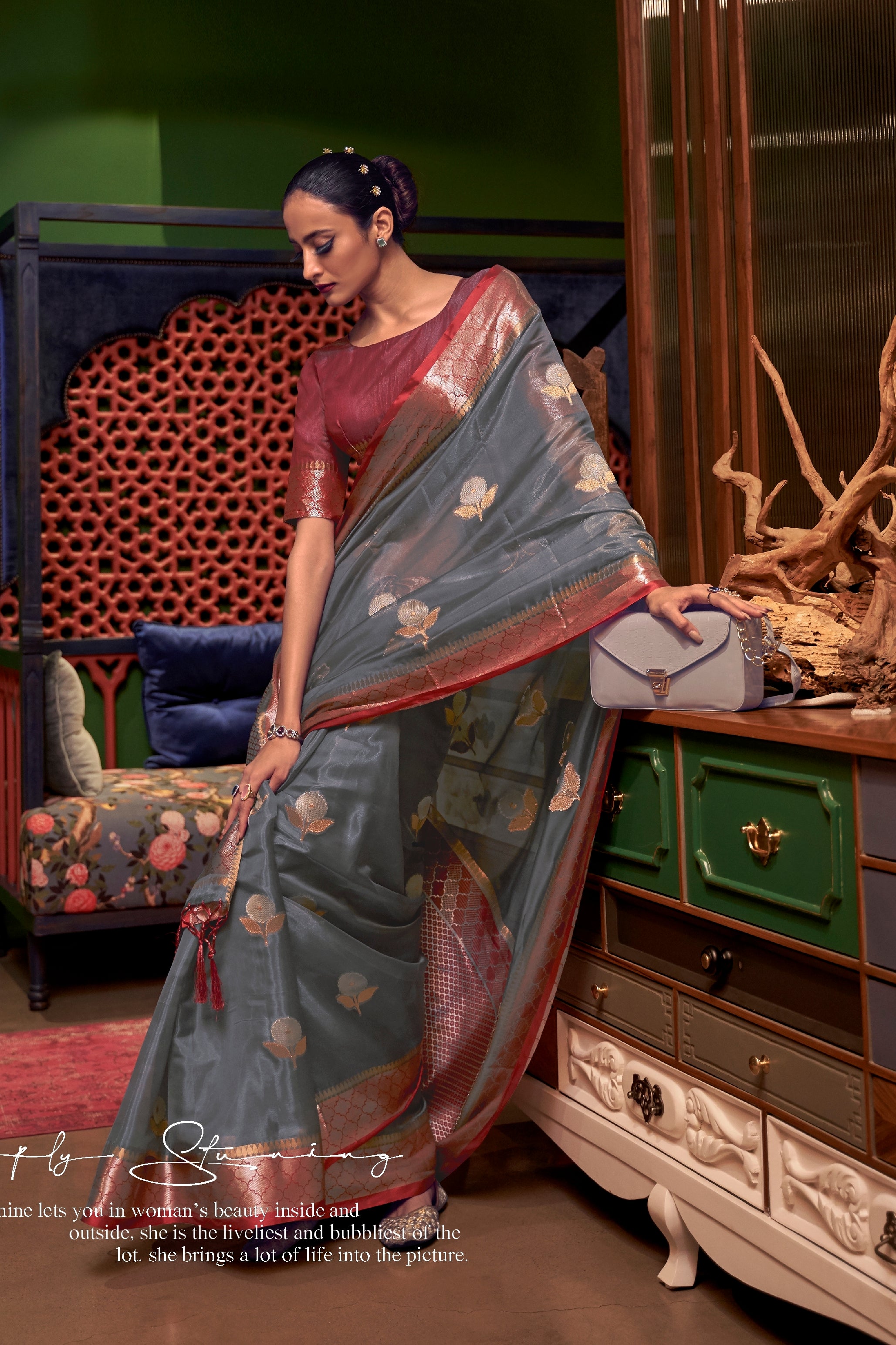 Stunning Grey Colour Saree With Maroon Combination Border Banarasi Bea –  garment villa