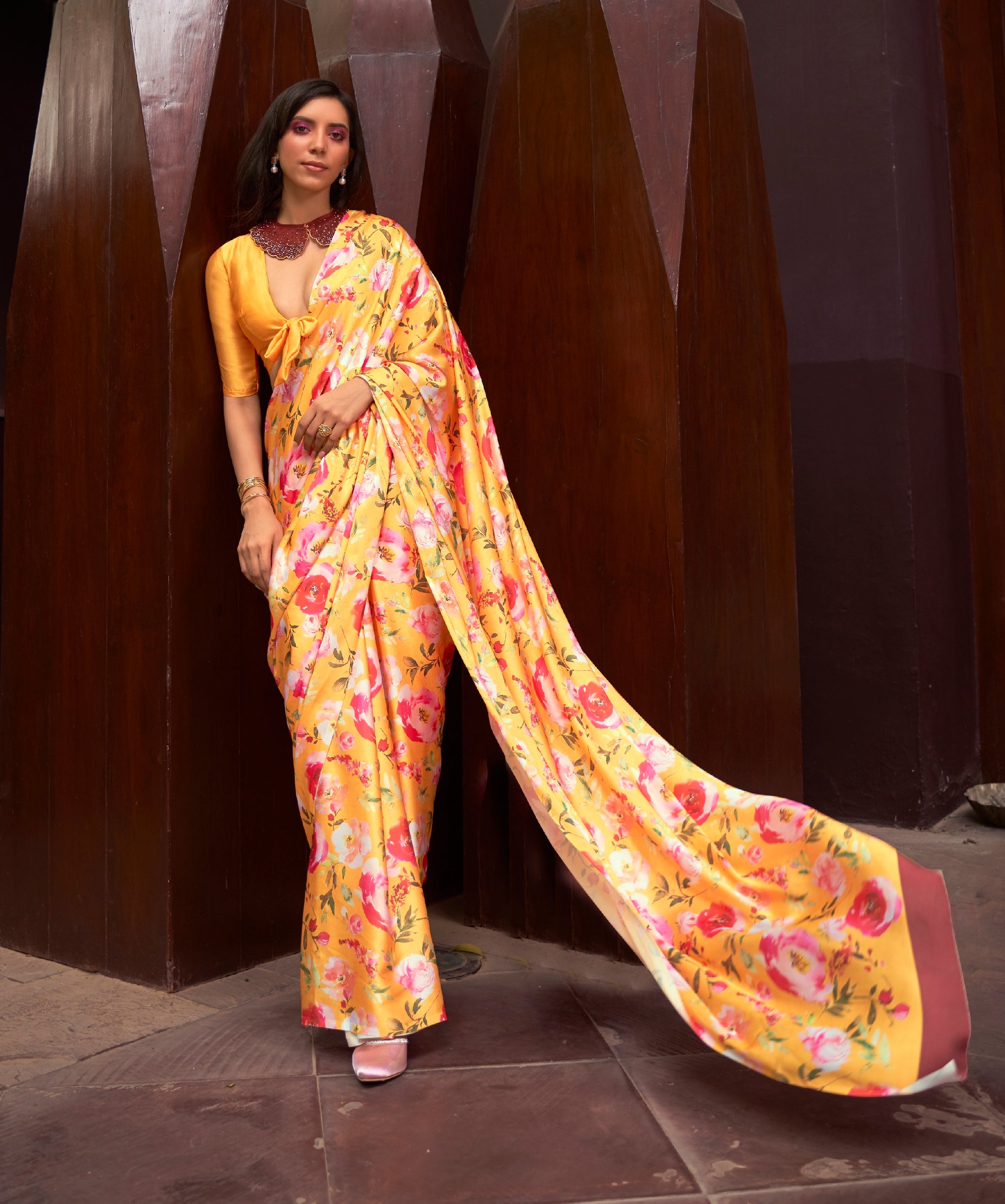 Yellow Floral Satin Silk Saree - Panaash Saree