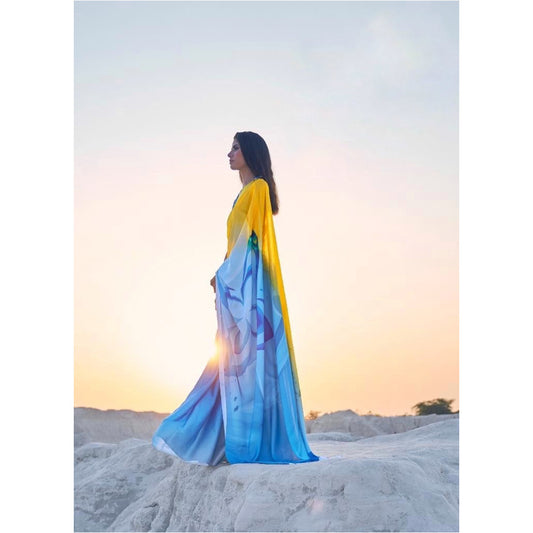 Yellow blue crepe silk saree - Panaash Saree