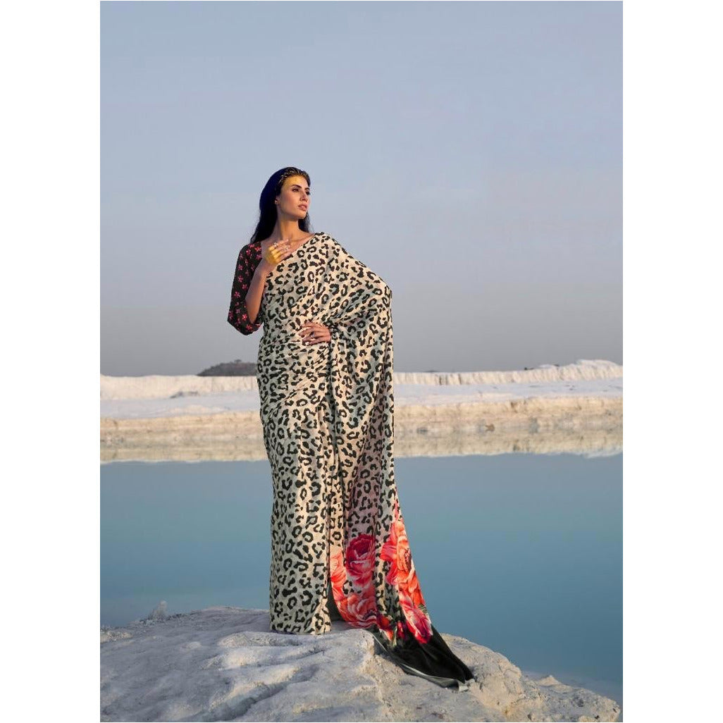 Amazing Leopard Print Crepe Silk Saree - Panaash Saree