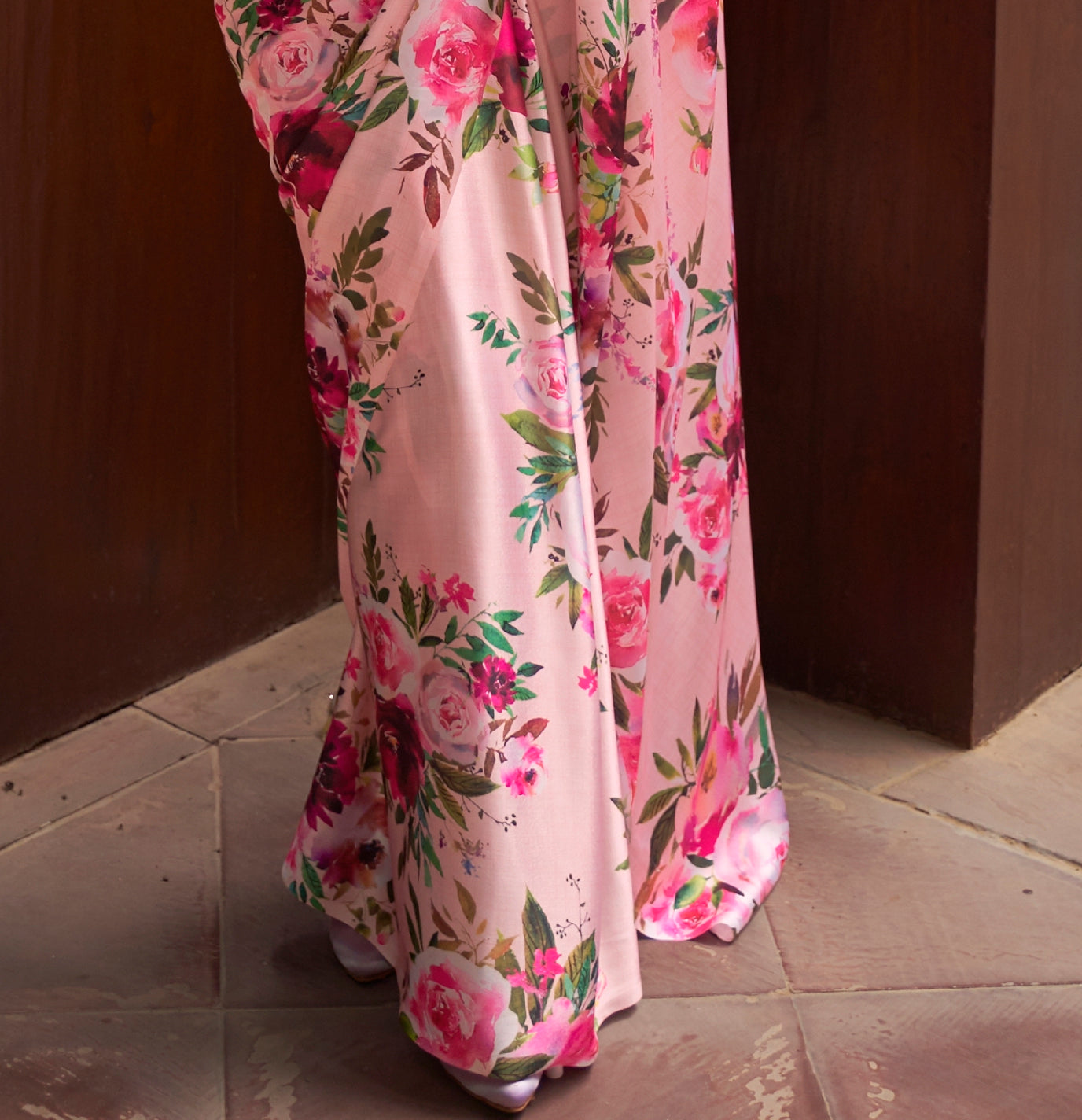 Pink Floral Satin Saree - Panaash Saree