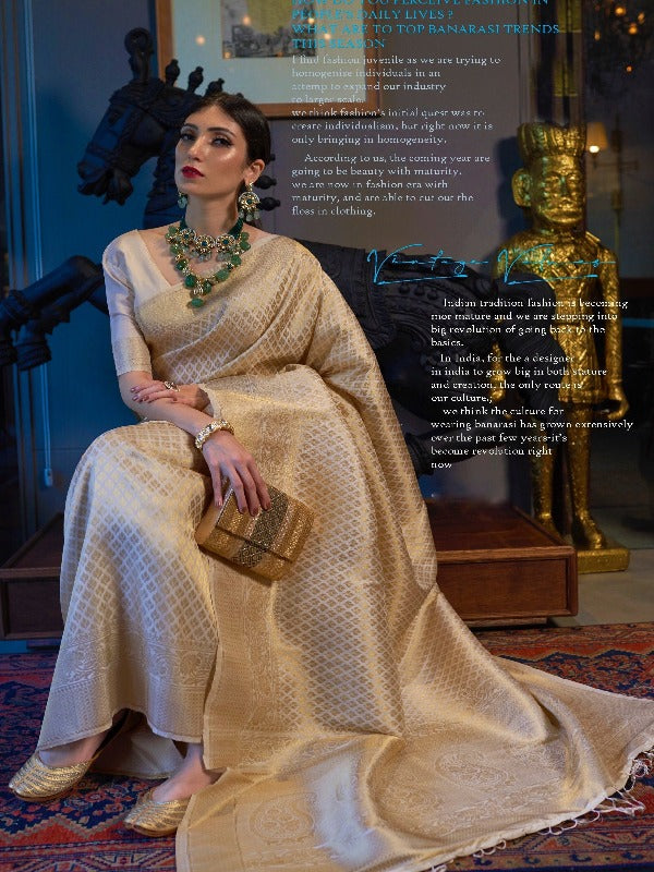 A Very Elegant Off White Banarasi Brocade Soft Silk Saree. - Panaash Saree