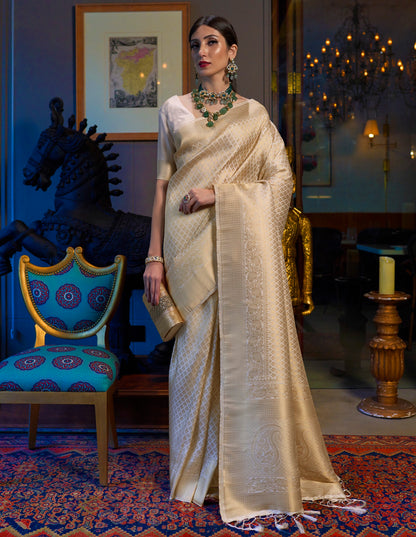 A Very Elegant Off White Banarasi Brocade Soft Silk Saree. - Panaash Saree
