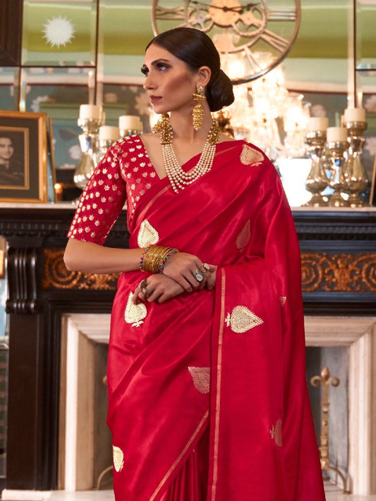 Red Satin Silk Saree With Spade Motifs. - Panaash Saree
